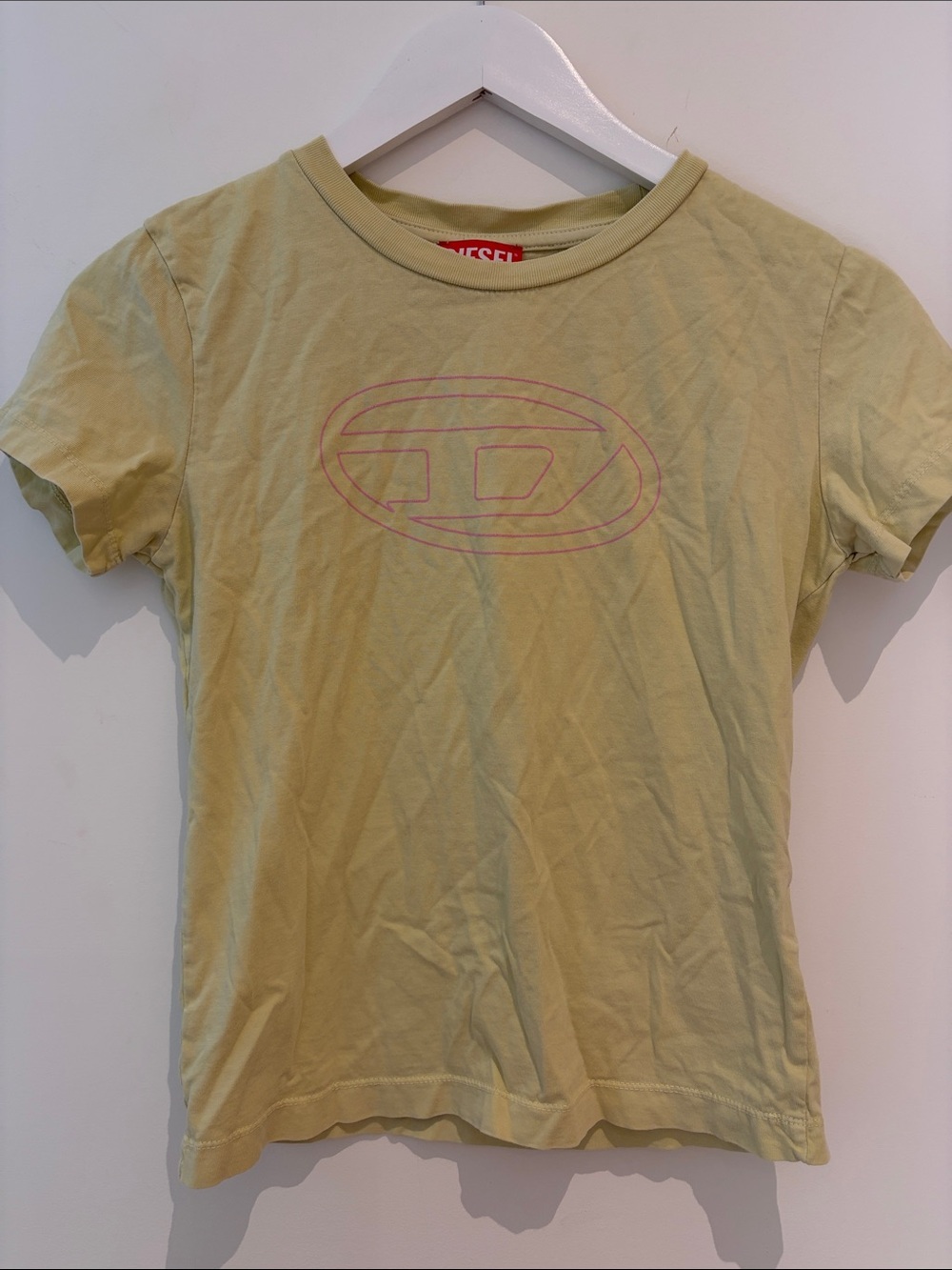 Diesel Short Sleeve Logo Tee in Light Yellow with Pink